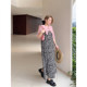 vogana Cannes home large size original Korean retro printed long skirt vacation style loose slim A-line suspender skirt