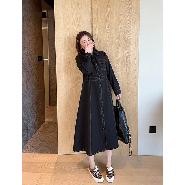Vogana Cannes home large size original Korean casual bright line dress skirt spring waist waist thin paper people dress
