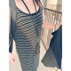 VOGANA Cannes home large size women's paper sheet people temperament casual striped dress spring waist A-line suspender skirt

