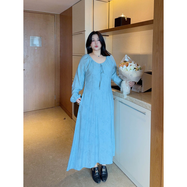 
VOGANA Cannes home large size women's French temperament tea skirt autumn strap bow waist A-line dress