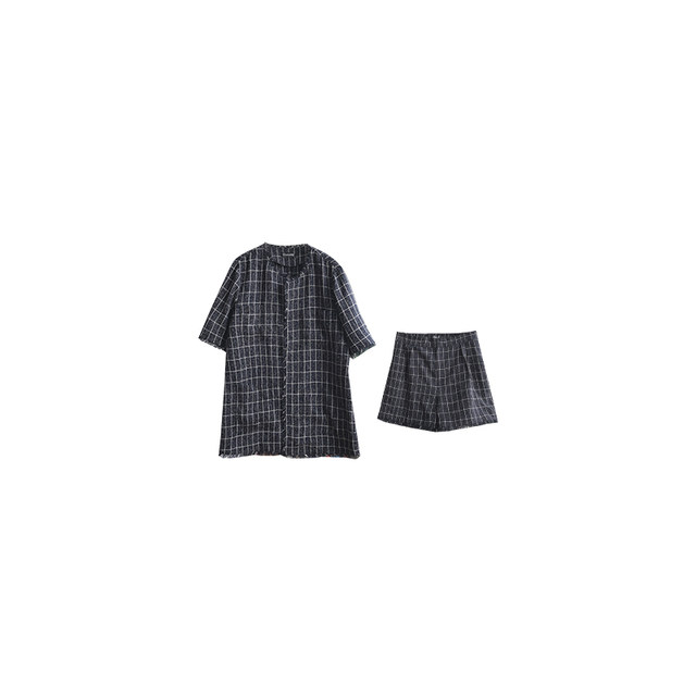 vogana Cannes home large size original retro plaid mid-sleeved suit shorts fat girl slimming suit two-piece set
