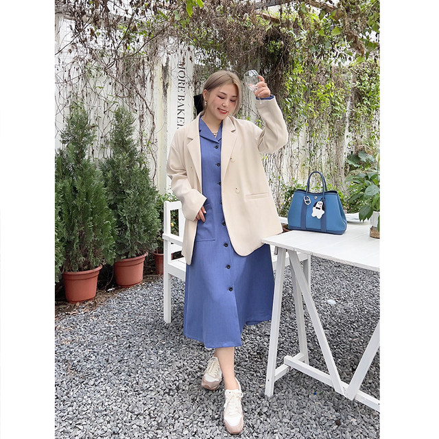 Vogana Cannes Family Large size original Korean version of the temperament, artistic, simple solid color long skirt, loose refute collar dress
