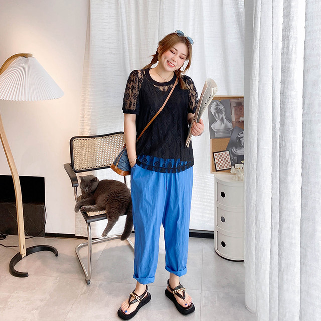 Vogana Cannes Family Large -size Original Summer Summer Lamous Round -neck Lace Shirt Sex Set 2 Set 2 Set