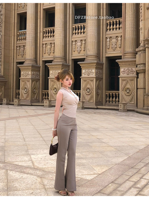 Dfzbstore Light mature woman showed chest, waist deep V knitted vest/lengthened and extended elastic suit pants
