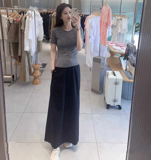 Jibei Buyi Fashion versatile drawstring A-line skirt elastic waist high waist slit skirt summer 2024