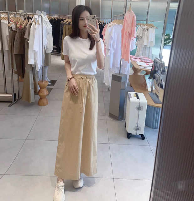 Jibei Buyi Fashion versatile drawstring A-line skirt elastic waist high waist slit skirt summer 2024