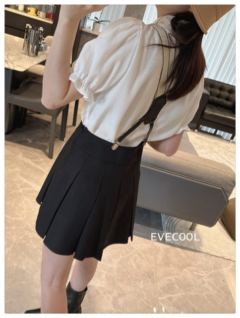 Spring and summer Korean new model of strap A-type pleated skirt skirt short skirt women's mini skirt A-line skirt slim black