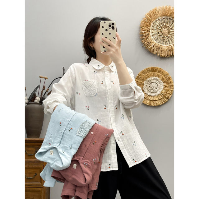 Japanese Mori Women's New Cartoon Embroidered Cherry Lace Hollow Pocket Women's Long Sleeve Shirt Trendy