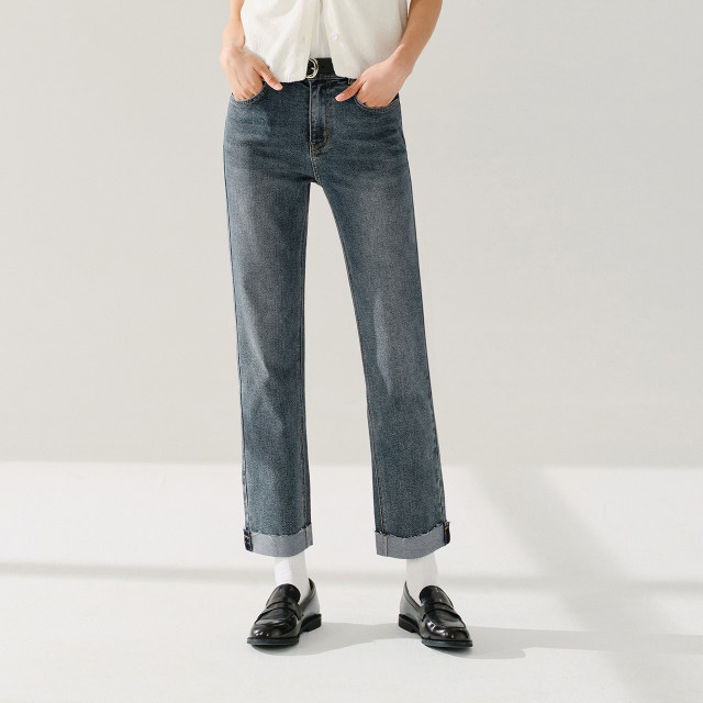 Senro denim Senma jeans women's casual flip flop straight pants autumn fashion back waist elastic trousers