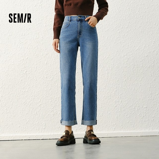 Senro denim Senma jeans women's casual flip flop straight pants autumn fashion back waist elastic trousers
