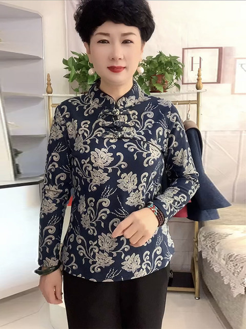 New winter cheongsam top for middle-aged and elderly mothers stand-up collar plus velvet floral bottoming shirt long-sleeved pullover German velvet top