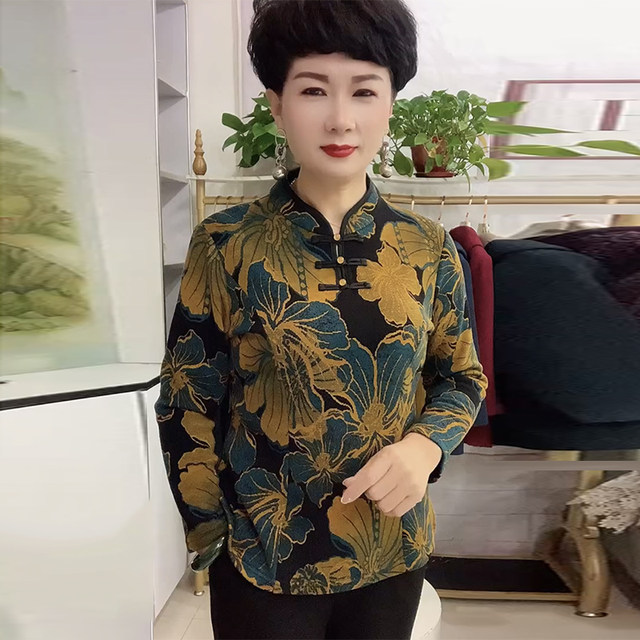 New winter cheongsam top for middle-aged and elderly mothers stand-up collar plus velvet floral bottoming shirt long-sleeved pullover German velvet top
