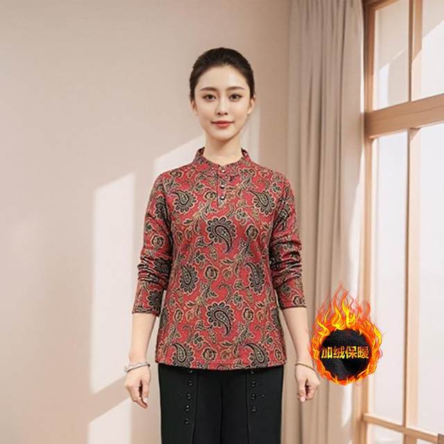 Middle-aged and elderly mothers velvet warm T-shirt for autumn and winter new retro printed stand-up collar long-sleeved stretch printed bottoming shirt