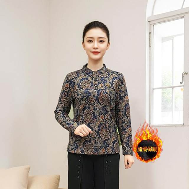 Middle-aged and elderly mothers velvet warm T-shirt for autumn and winter new retro printed stand-up collar long-sleeved stretch printed bottoming shirt