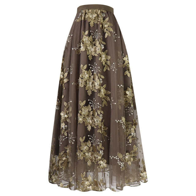 Three-dimensional embroidered mesh skirt 2025 spring and summer new retro style high-waist long skirt fashionable big sway super fairy gauze skirt