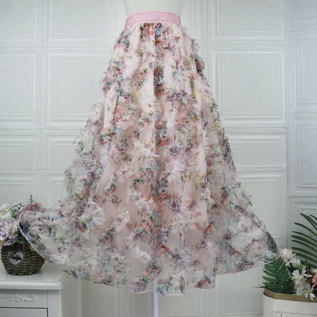 2025 spring and summer new three-dimensional embroidered floral mesh skirt high-waisted slim long skirt sweet fairy soft gauze skirt
