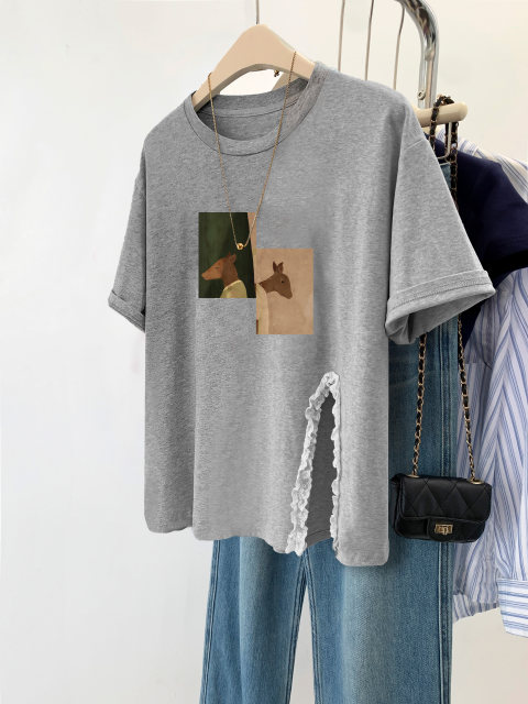 American short-sleeved T-shirt for women fat mm large size retro irregular slit best friend wear ins belly-covering front shoulder summer top
