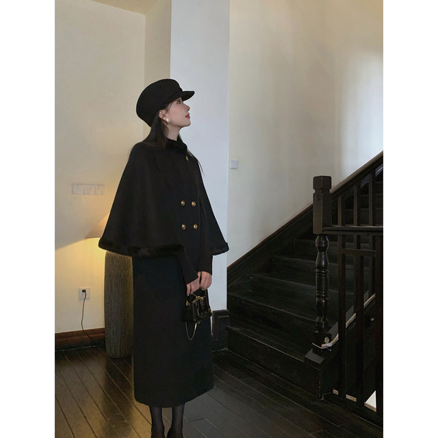 Thecoco 50 wool black cape coat women's winter new temperament versatile thin shawl woolen coat
