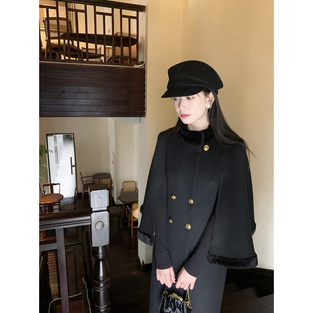 Thecoco 50 wool black cape coat women's winter new temperament versatile thin shawl woolen coat
