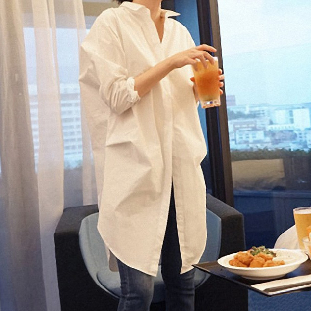 Korean white shirt for women long sleeves, mid-length loose large size slim striped top 2025 spring and autumn new shirt