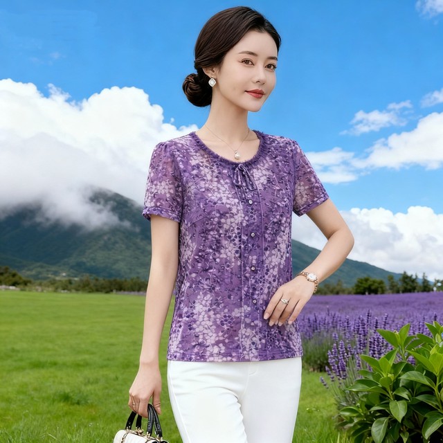 New fashionable middle-aged women's foreign-style tops, thin short-sleeved Taiwanese mesh mom summer clothes, fungus-edged quick-drying T-shirts