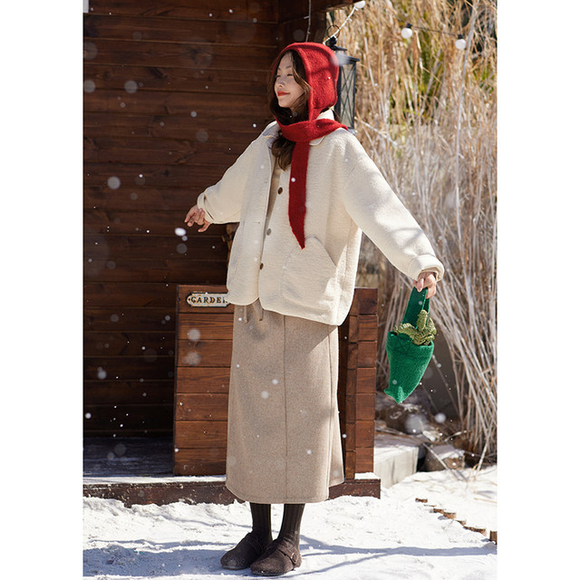 MISAZ textured items, wool blended color versatile mid-length skirt, piece-on decoration winter straight skirt