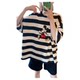 AMYOYOJA Korean new style autumn super fashionable black and white striped embroidered cartoon silhouette parting sleeves for women