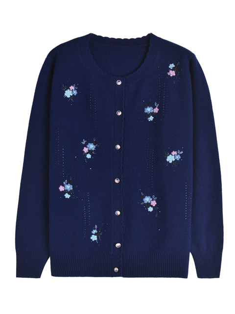 Middle-aged and elderly women 100% pure wool cardigan jacket fashionable mother large size sweater old lady sweater