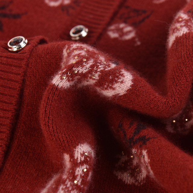 Noble mother's clothing 100% sheep wool jacquard knitted cardigan for middle-aged and elderly women autumn and winter thickened warm sweater jacket