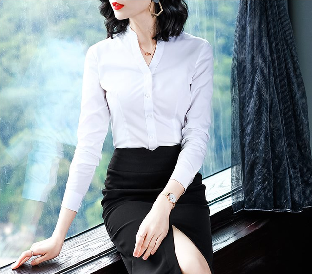 Long -sleeved V stand -necklace shirt Female white slim pants and shirt Occupation work installation of South Airlines fabric OL
