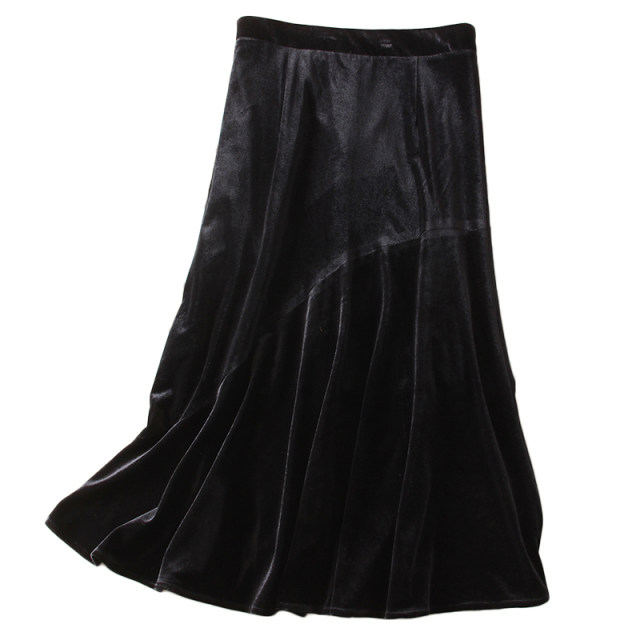 Autumn irregular symmetrical design sense high waist velvet fishtail skirt black high waist thin and thin middle long girl skirt