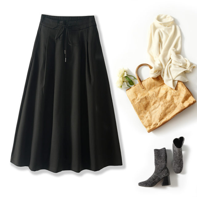 French mature style OL temperament professional mid-skirt high-waisted large umbrella skirt slim elastic waist commuter a-line skirt
