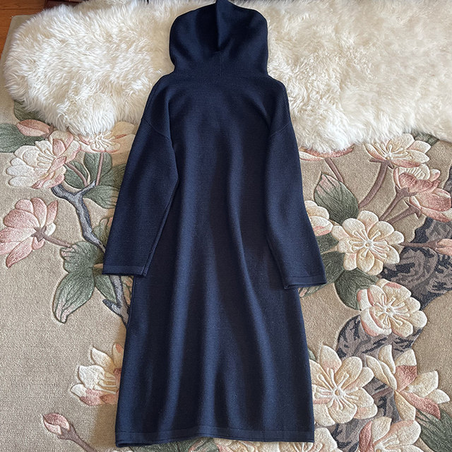 Hooded 100 pure wool knitted dress for women's autumn and winter large size base skirt loose mid-length thick sweater skirt