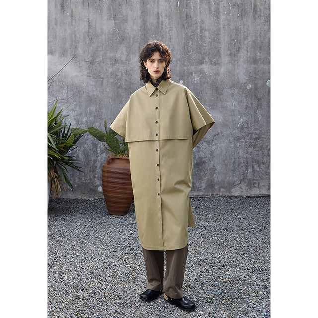 MeeLeeMeeLab Original Gentleman Elegant Loose Large Cape Shirt Style Trench Coat Mid-length High-Stack Cotton
