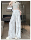 Ink butterfly printed acetate wide-leg pants for women's suit skirts and trousers spring and autumn floor pants ice silk national style extended trousers
