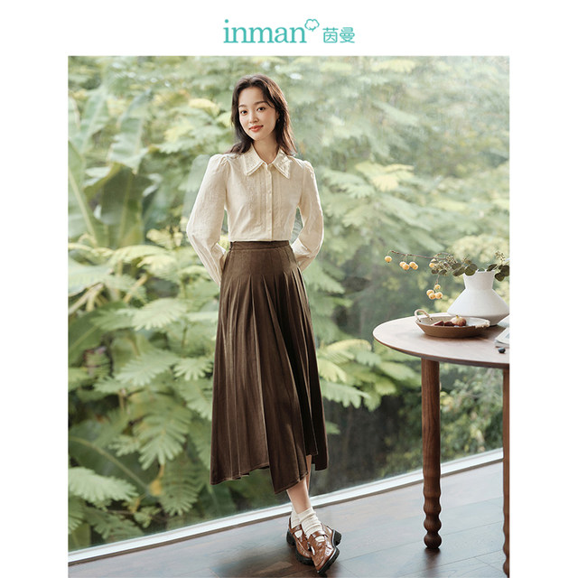 Inman retro grinding pleated skirt spring women's new style versatile loose slim warm umbrella skirt 18412496