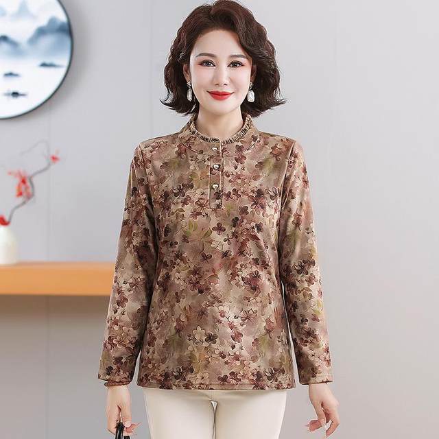 Fashionable and Western-style mom autumn long-sleeved half-high collar bottoming shirt for middle-aged and elderly women plus velvet floral top T-shirt