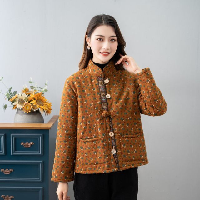 National style mother wear autumn and winter new short cotton jacket Chinese style plus velvet cotton clothes warm stand collar jacket