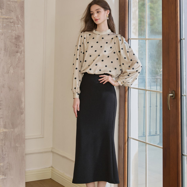 Rose French Polka Dot Streamer Neck Shirt for Women 2025 Spring New Temperament Puff Sleeve Satin Top 11742