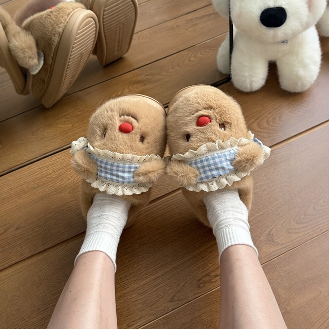 
Cute cartoon butter bear furry slippers for women autumn and winter new outer wear thick-soled home warm anti-slip cotton slippers