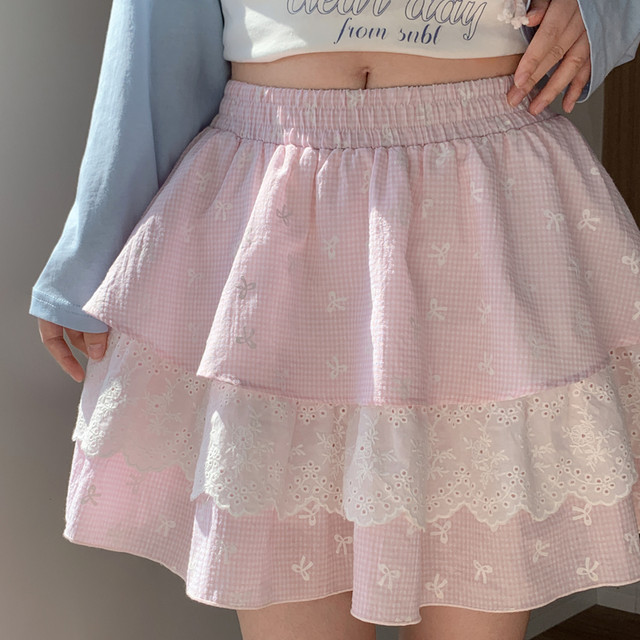 
Senwo tribe sweet style pink lace spliced cake skirt for women 2025 new versatile high-waisted skirt autumn
