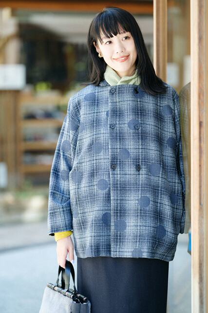Sousou purchases Japanese Kyoto women's double-breasted wool coat with curved sleeves wide sleeves short style blue brown