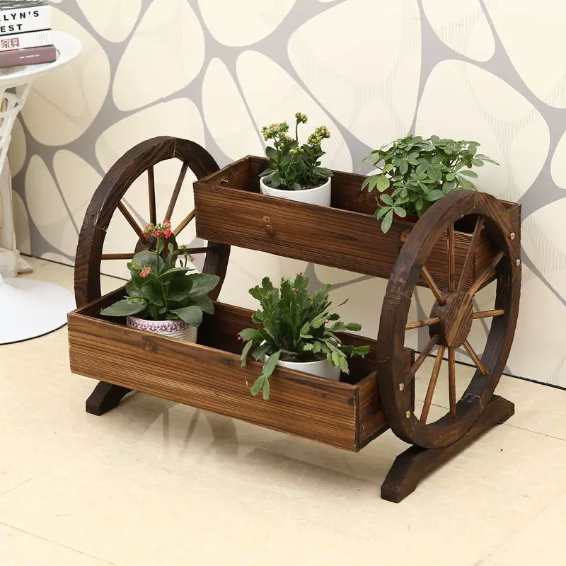 碳化防腐木製雙層車輪花架多肉植物花盆花器創意花盆造型