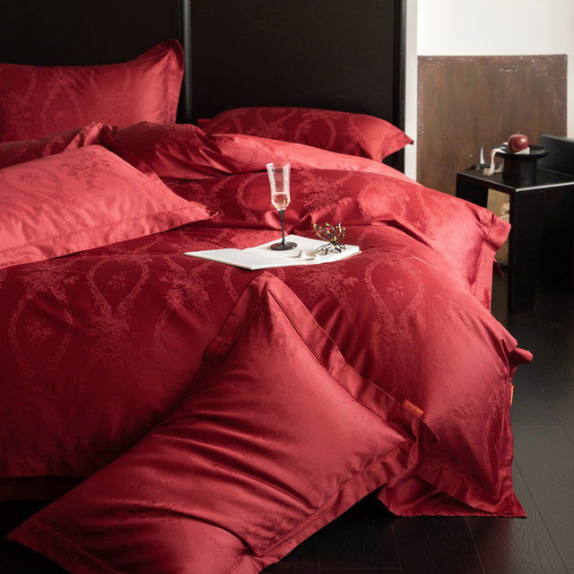 Category A maternal and infant grade light luxury high-end big red jacquard wedding 100-count pure cotton wedding bedding four-piece set