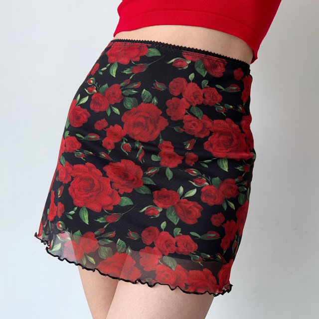 GO GIRL Go homemade retro European and American rose printed mesh skirt high waist bag hip short skirt female A -character skirt