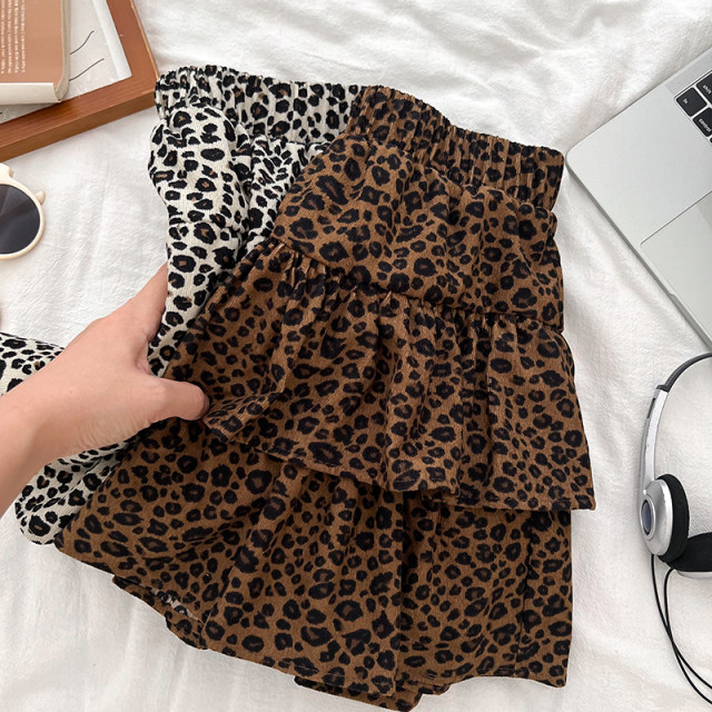 Retro fashion versatile leopard printing loose high waist and thin lotus leaf cake skirt short skirt A -line women's autumn and winter