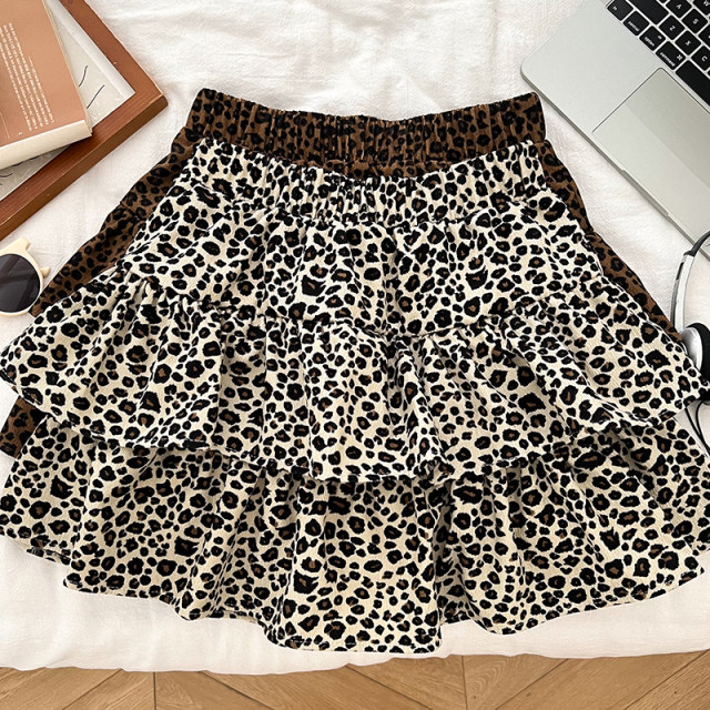 Retro fashion versatile leopard printing loose high waist and thin lotus leaf cake skirt short skirt A -line women's autumn and winter