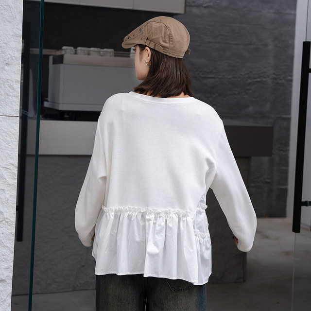 European Station 2024 autumn new simple A-line waist-hugging solid color shirt splicing pullover versatile solid color shirt