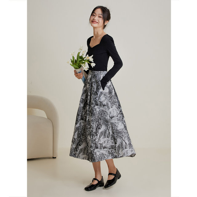 Migu retro ink painting skirt spring and autumn printed skirt women's A-line skirt high waist large hem skirt slim pleated skirt