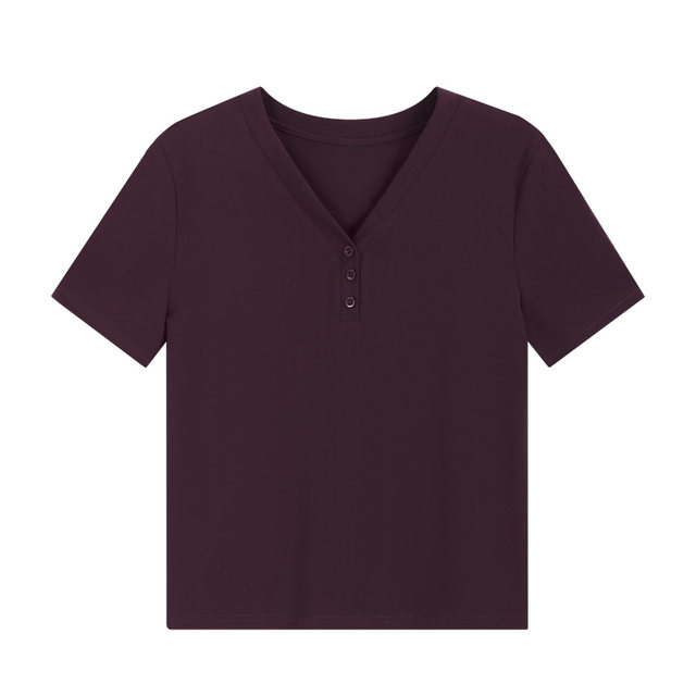 Purple V-neck Short-sleeved T-shirt for women 2025 new summer hot women's loose high-end front shoulder half-sleeved tops
